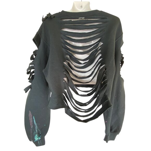 Black Distressed Splatter Paint Cropped Sweatshirt Medium Shredded Punk Eighties - Picture 2 of 6
